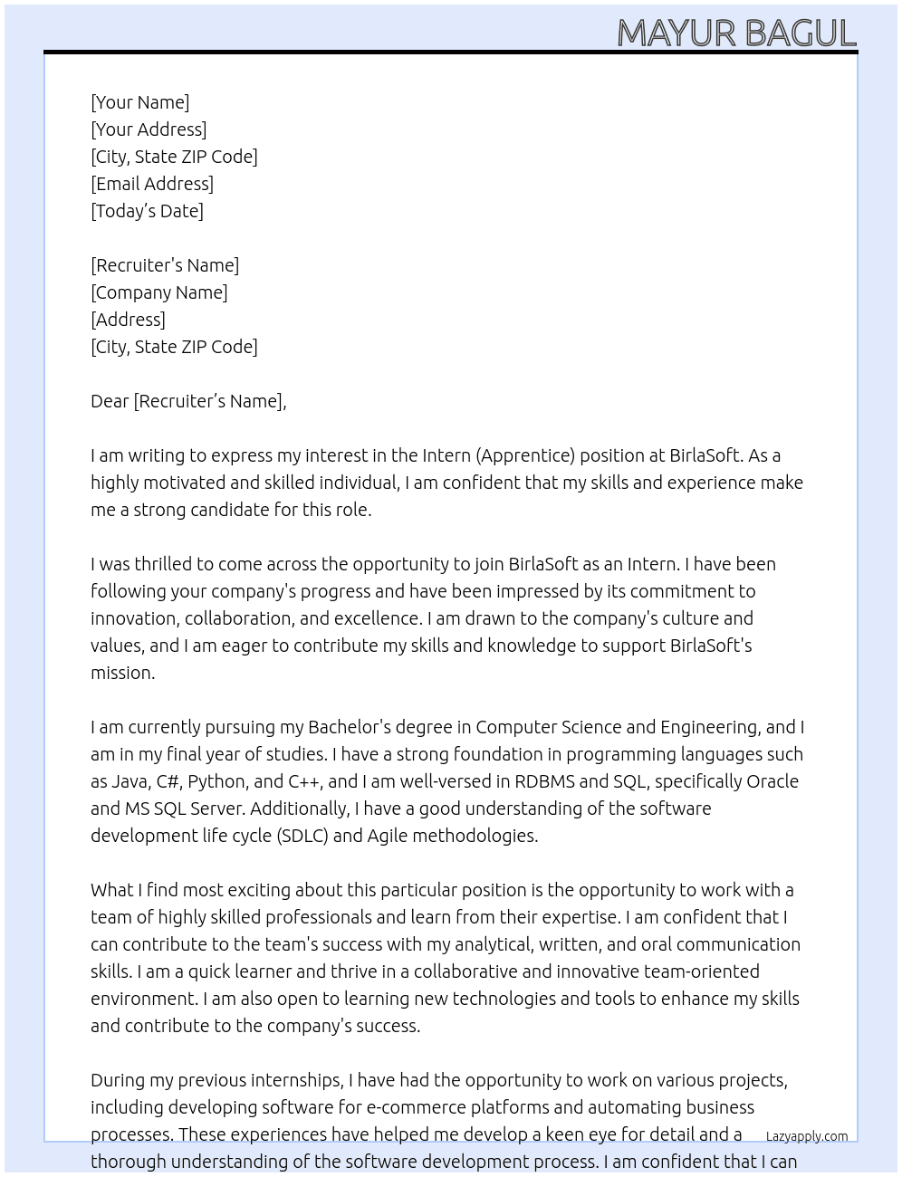 Intern (Apprentice) At BirlaSoft Cover Letter