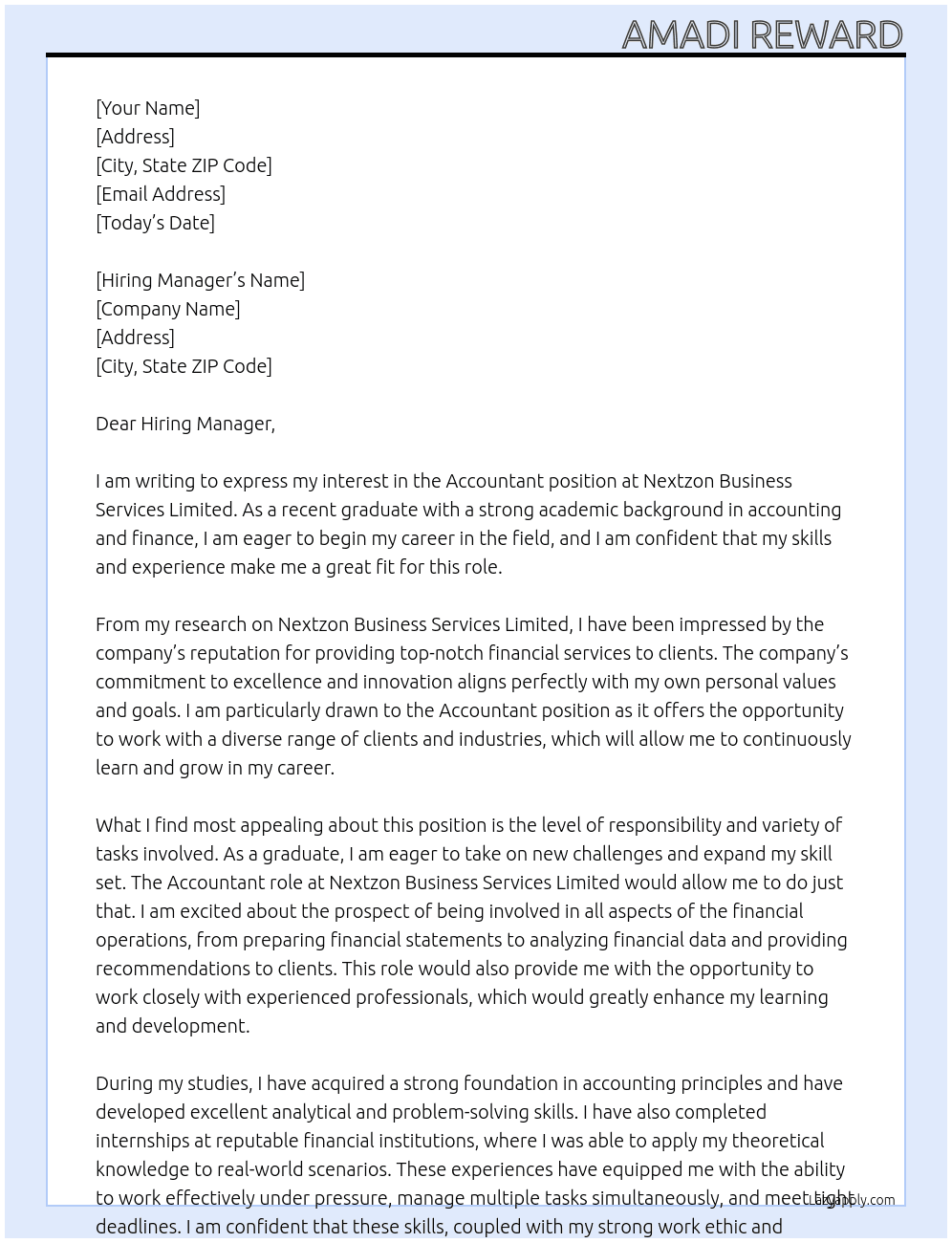 Accountant  At Nextzon business service limited  Cover Letter