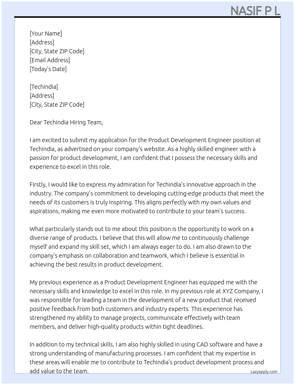 Product Development Engineer At Techindia Cover Letter