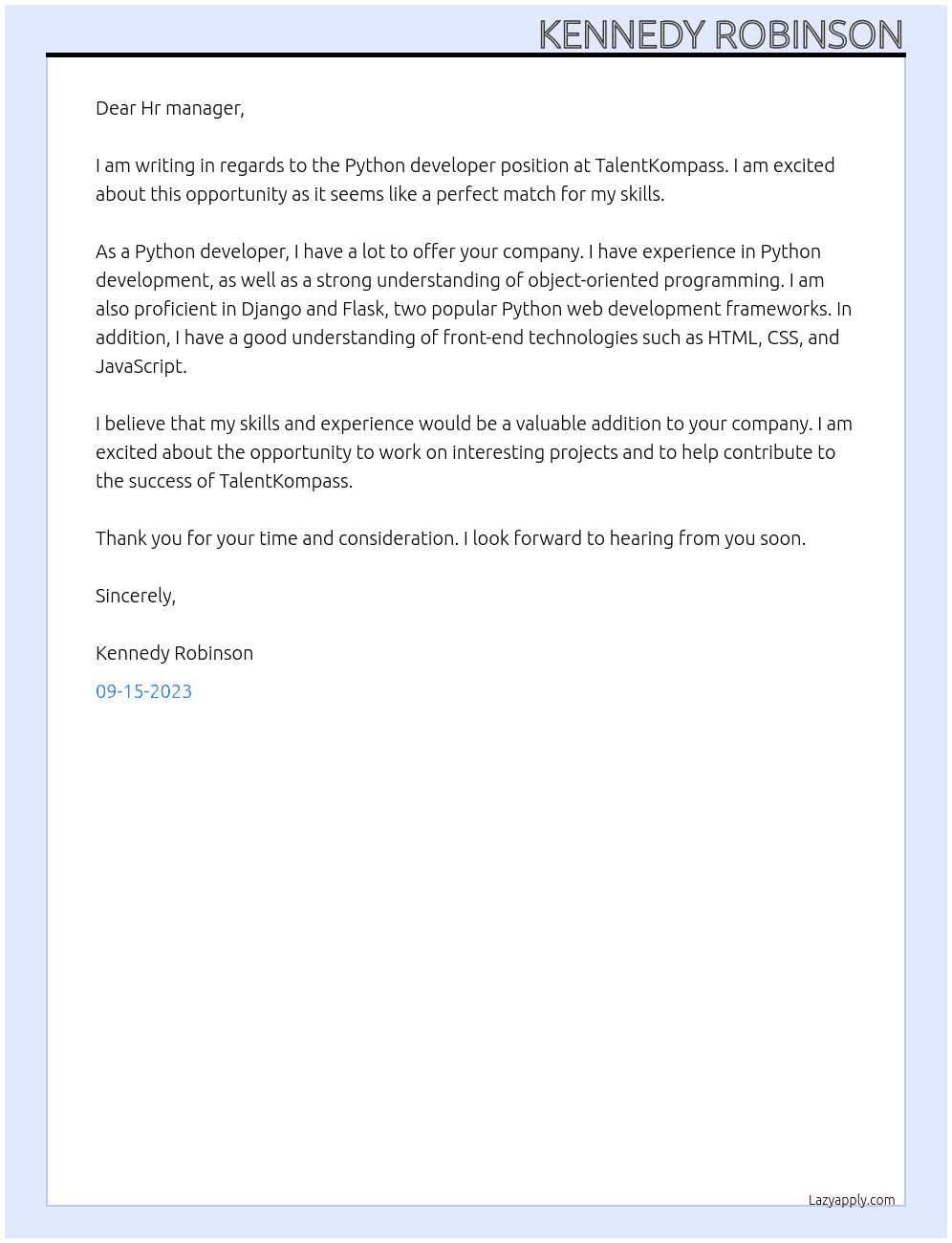 Python developer At TalentKompass Cover Letter