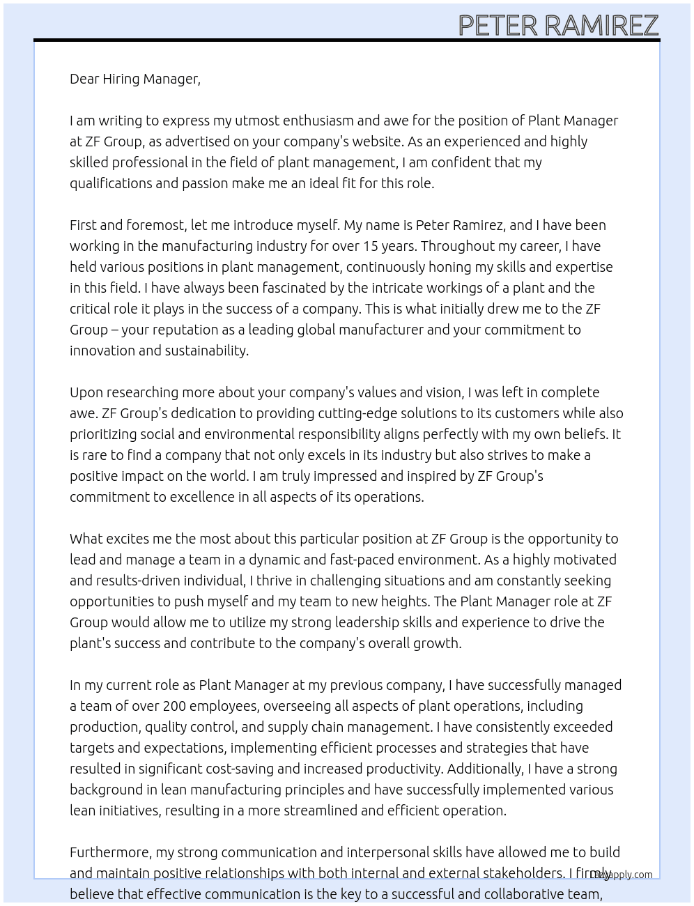 Plant Manager At ZF Group Cover Letter