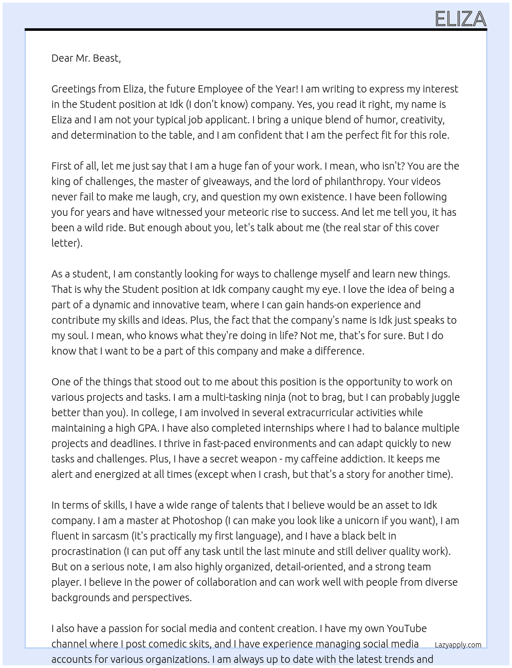 Student At Idk Cover Letter
