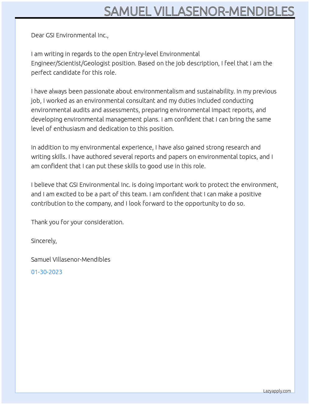 Cover letter for entry-level environmental engineer/scientist/geologist - LazyApply