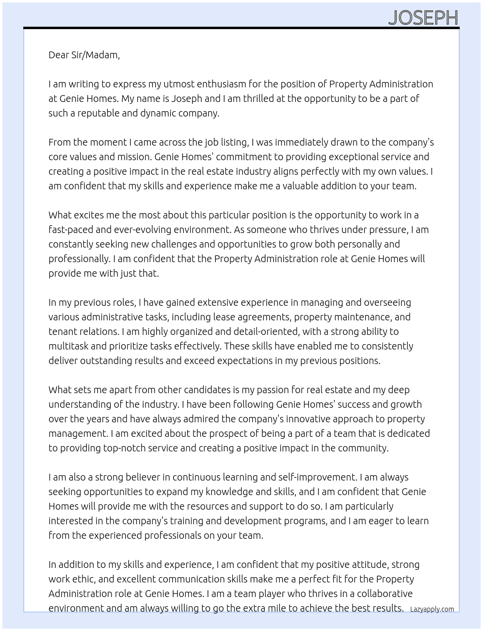 Property Administration At Genie Homes Cover Letter