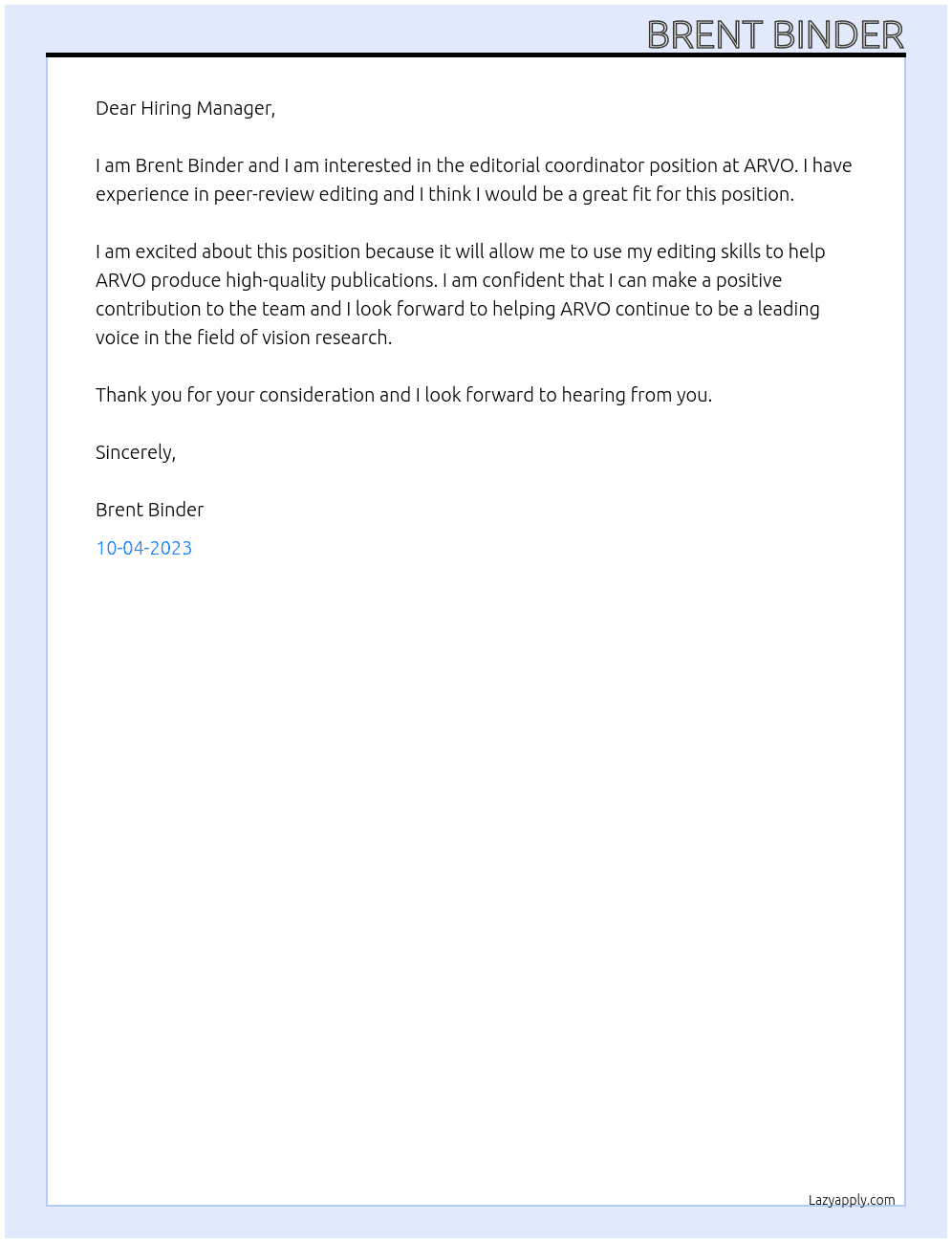 Editorial coordinator At ARVO Cover Letter
