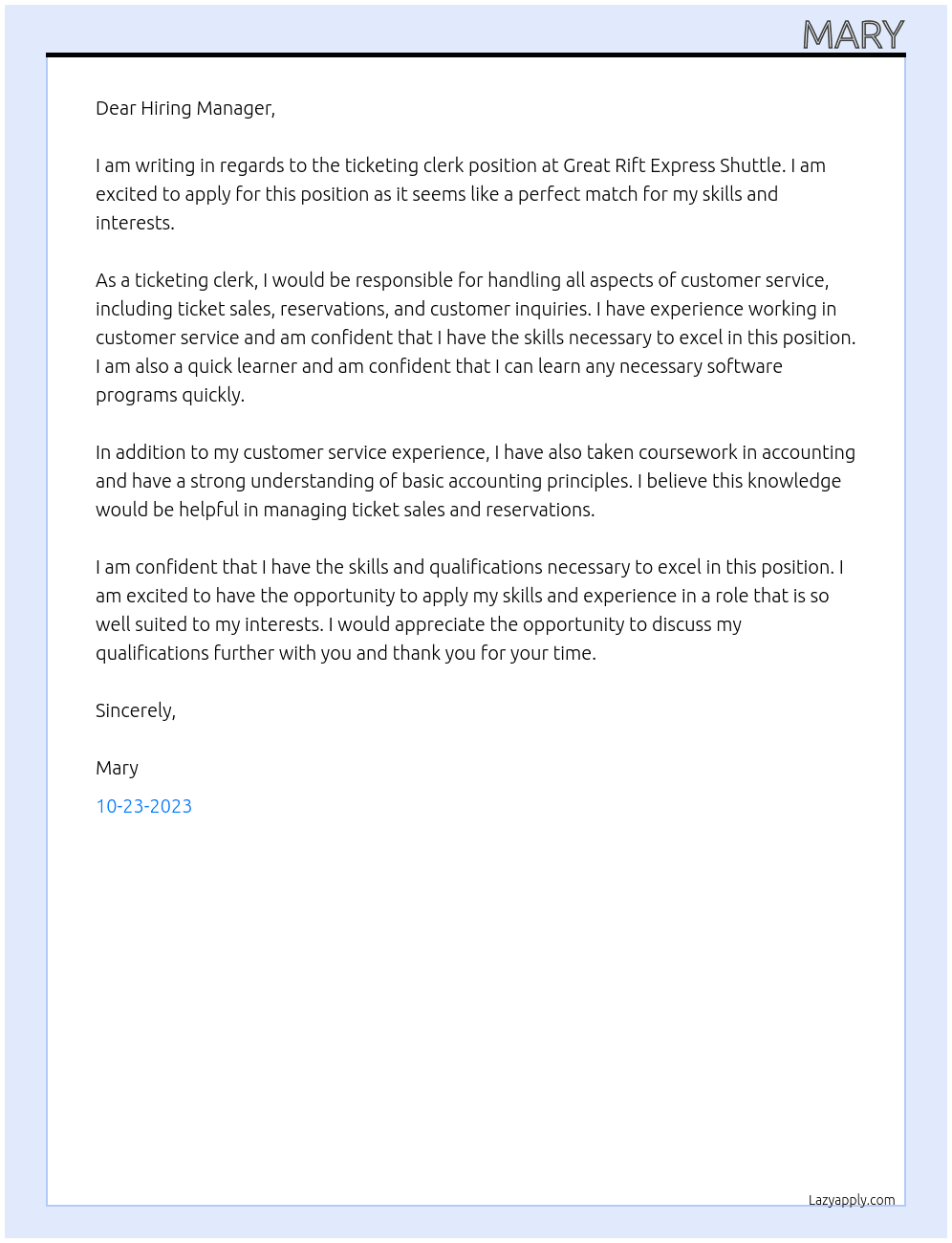 Ticketing  clerks At Great Rift Express Shuttle Cover Letter