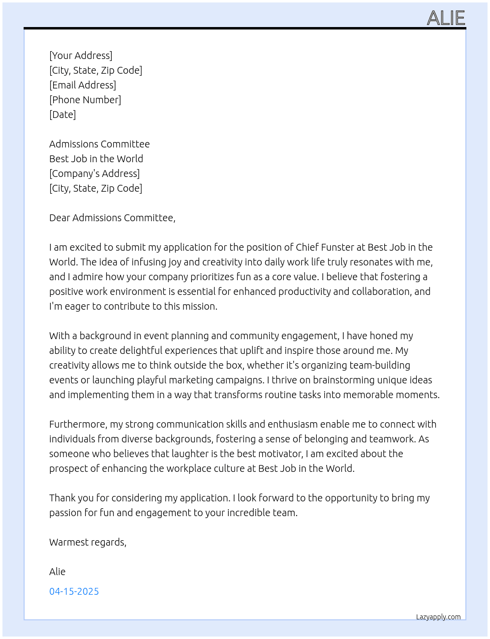chief funster At Best job in the world  Cover Letter