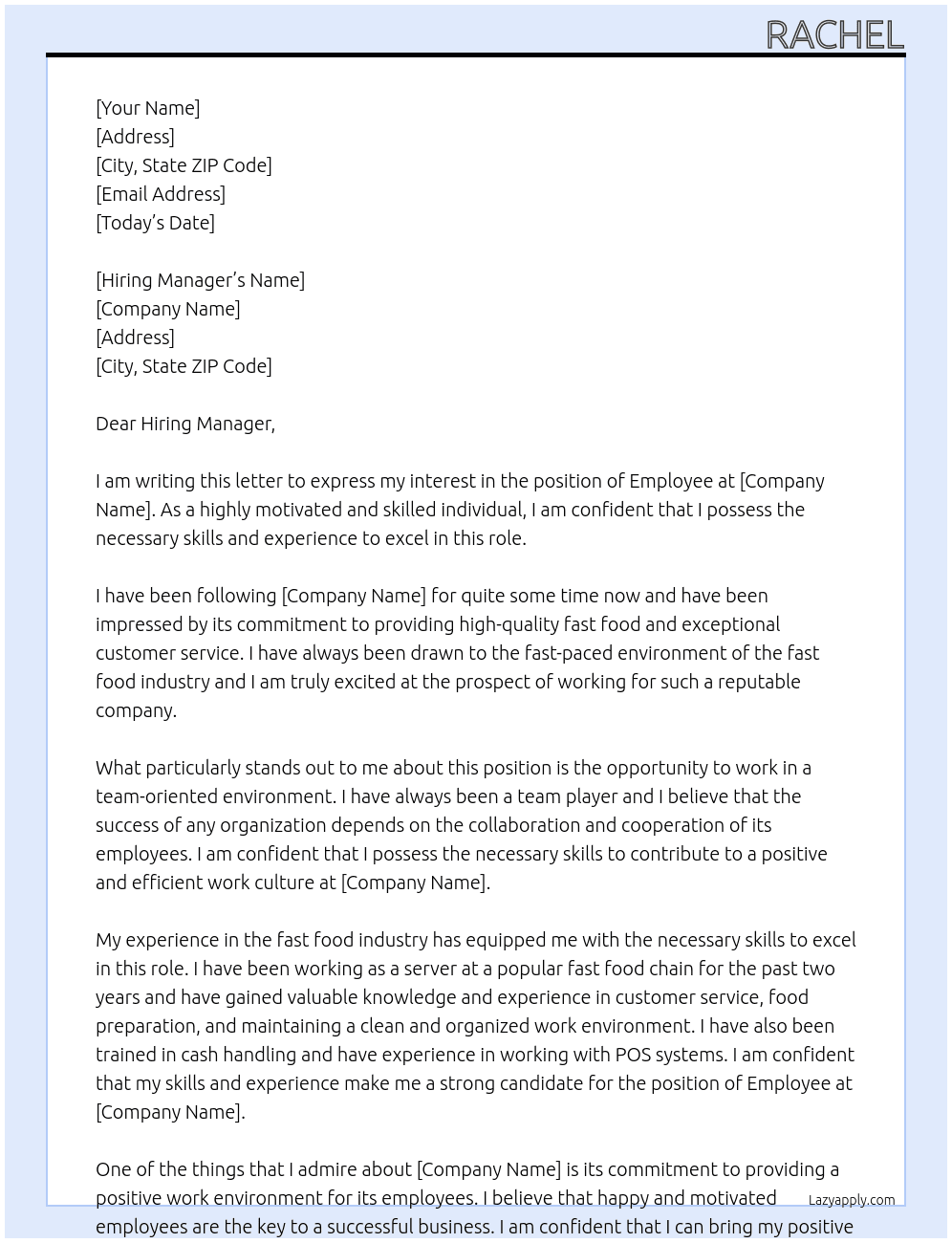 Employee  At fast food Cover Letter