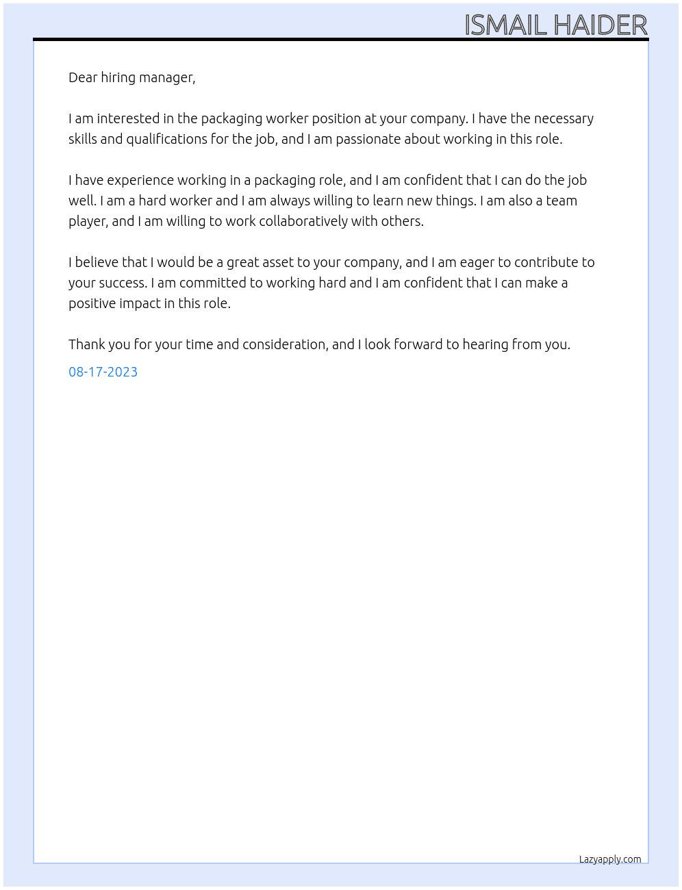 packaging worker At . Cover Letter