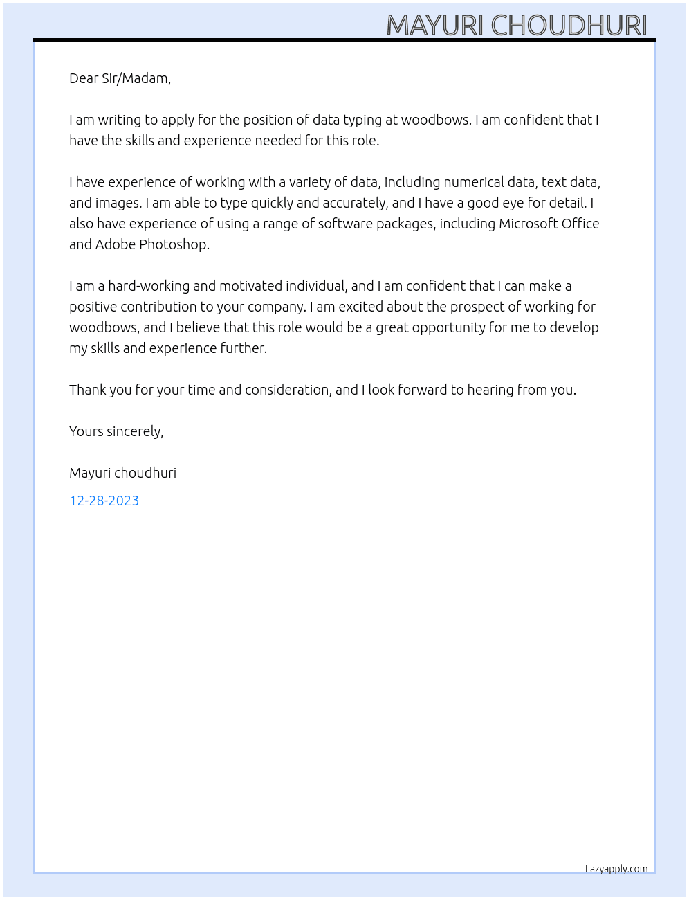 data typing At woodbows Cover Letter