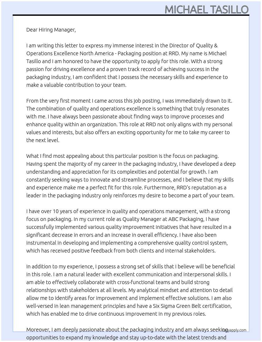 Director of Quality & Operations Excellence North America - Packaging At RRD Cover Letter