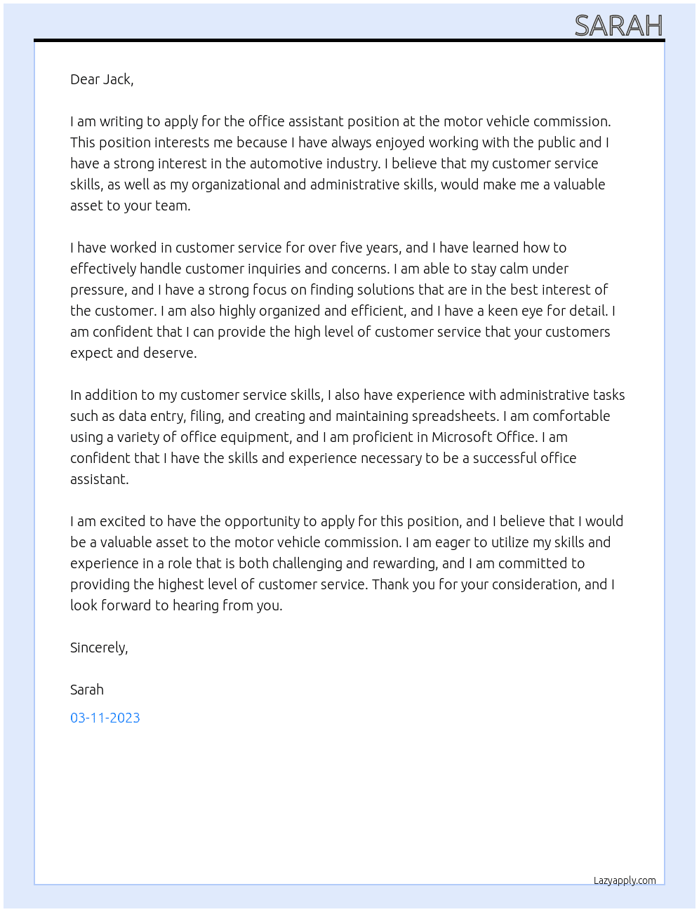 office assistant  At motor vehicle commission  Cover Letter