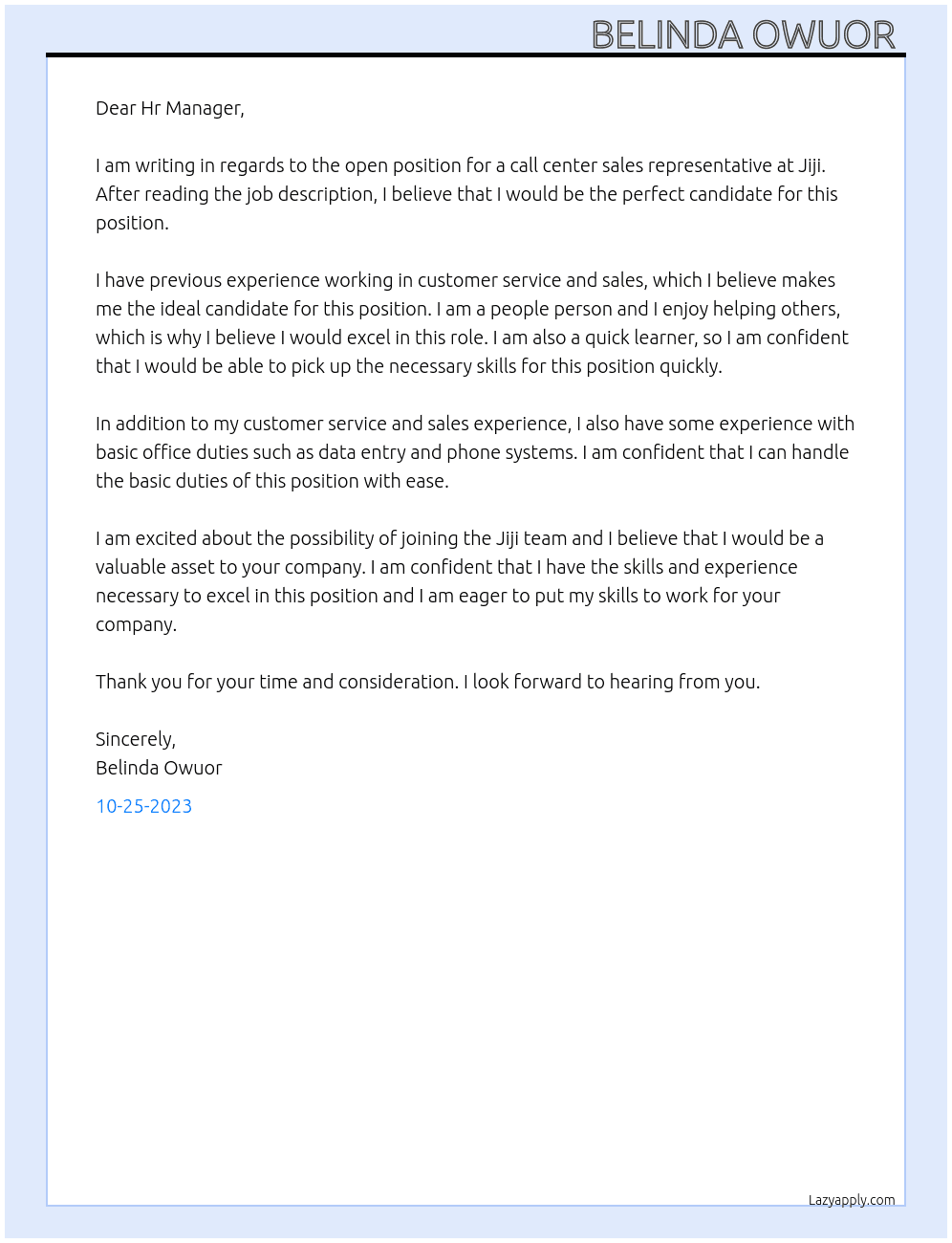 Call center sales representative  At Jiji Cover Letter