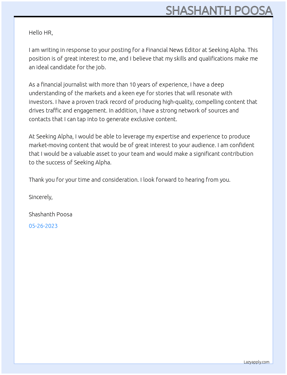 Financial News Editor  At Seeking Alpha  Cover Letter