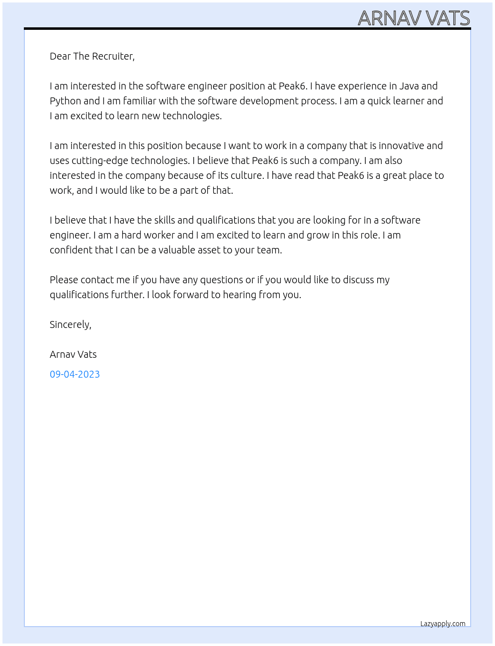 Software Engineer At Peak6 Cover Letter