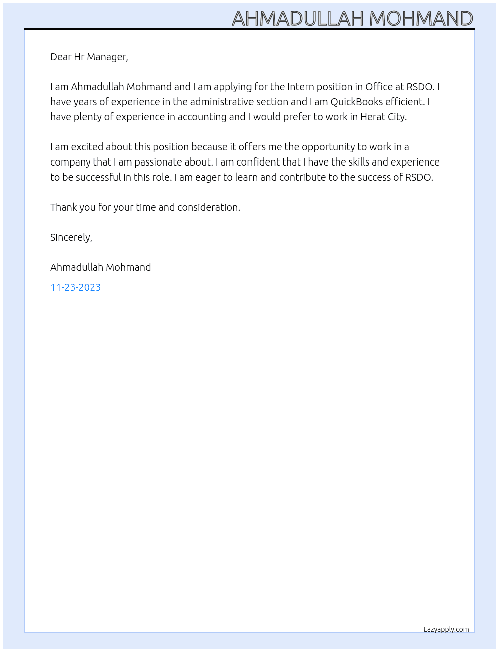 Intern in Office At RSDO Cover Letter