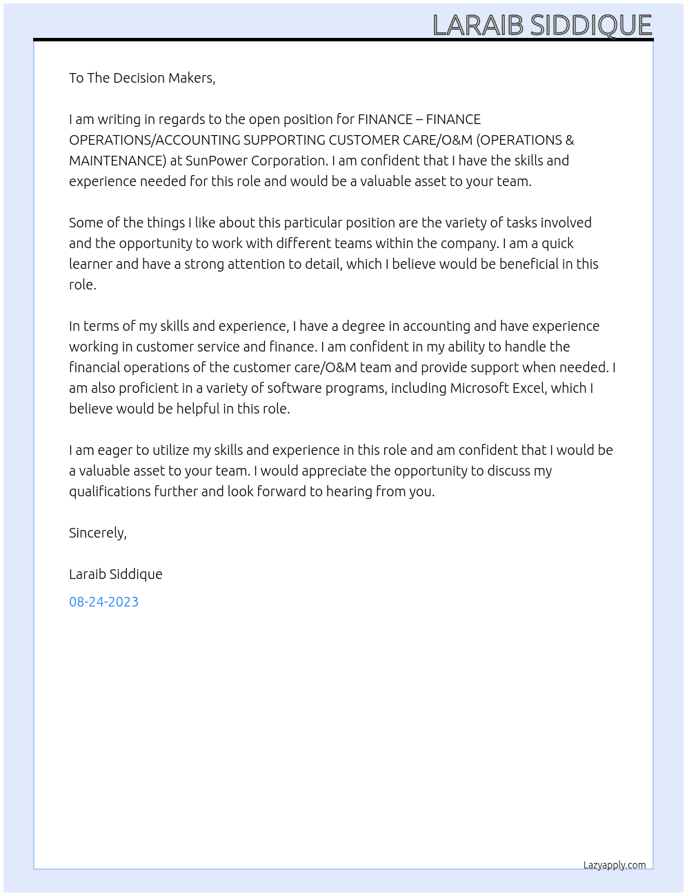 FINANCE – FINANCE OPERATIONS/ACCOUNTING SUPPORTING CUSTOMER CARE/O&M (OPERATIONS & MAINTENANCE)  At SunPower Corporation Cover Letter