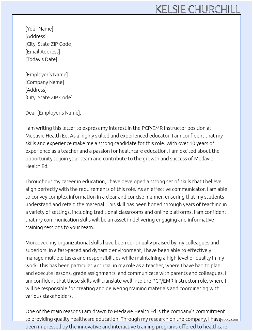 PCP/EMR Instructor  At Medavie Health Ed Cover Letter