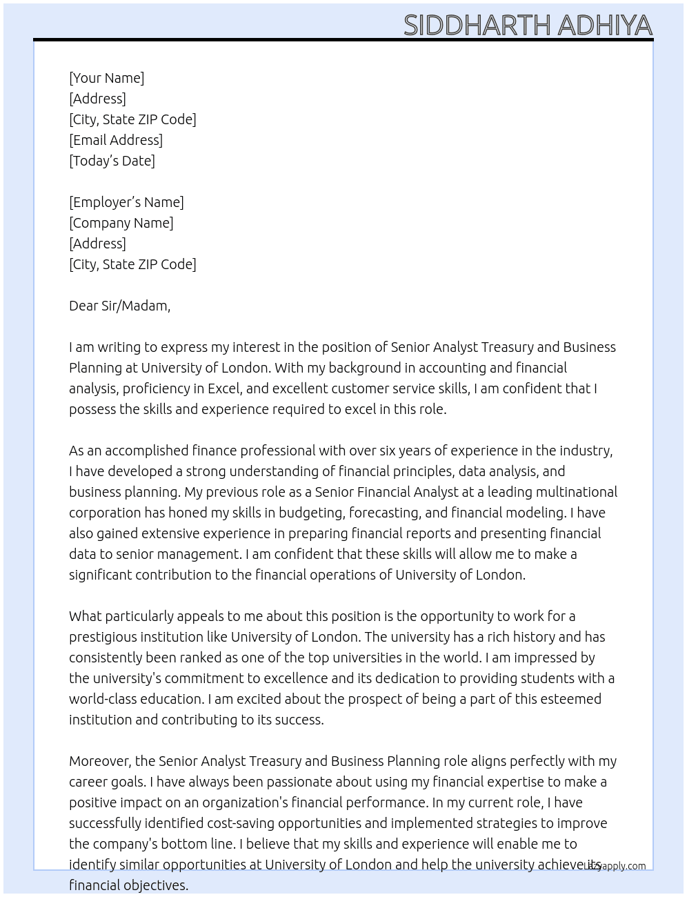 Senior Analyst Treasury and Business Planning At University of London Cover Letter