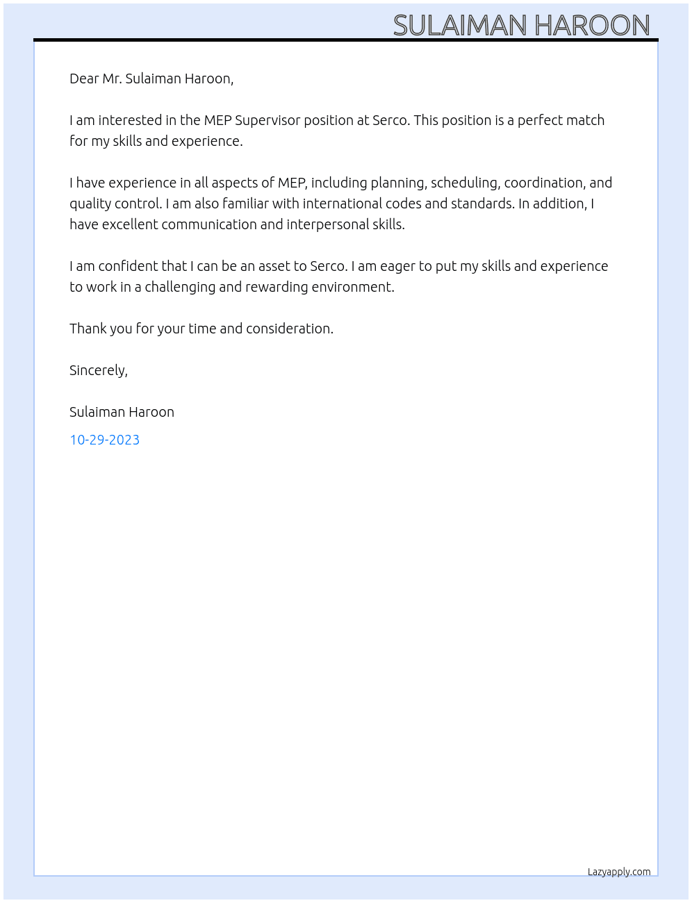 MEP Supervisor At Serco  Cover Letter