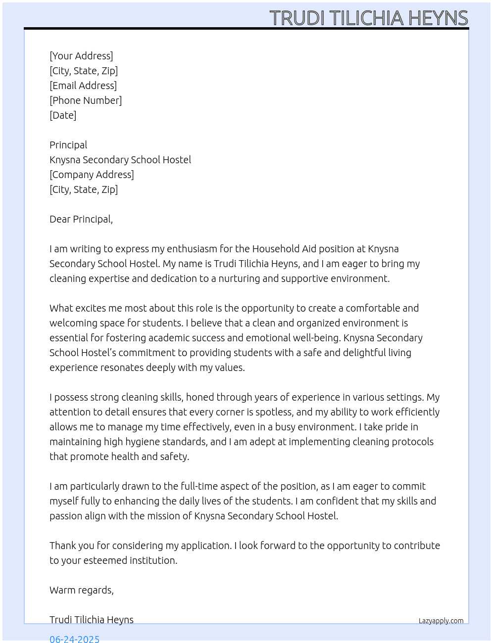household Aid At Knysna secondary school hostel Cover Letter