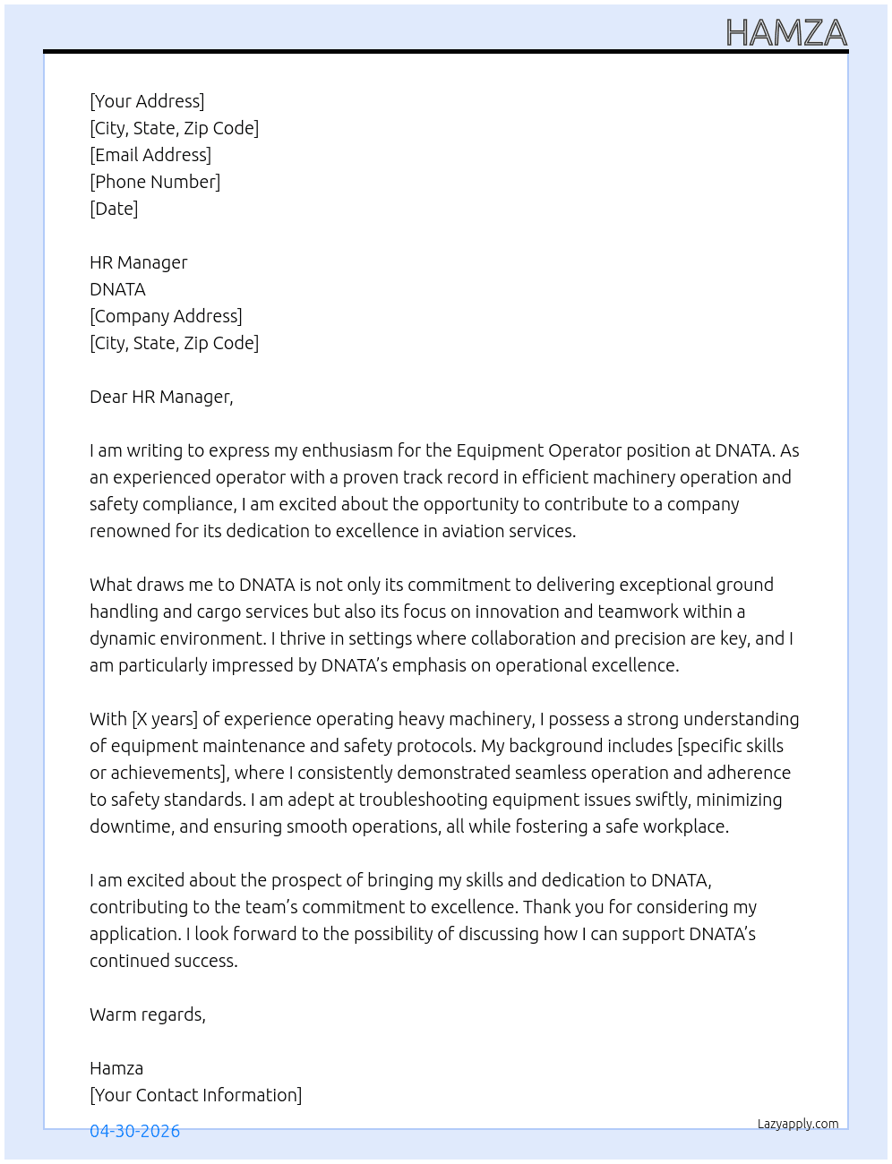 EQUIPMENT OPERATOR At DNATA Cover Letter