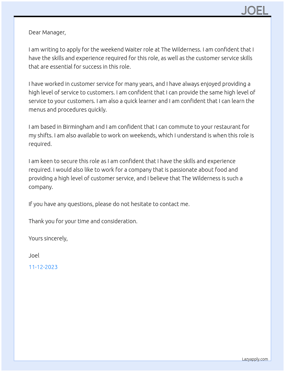 Waiter At The Wilderness Cover Letter