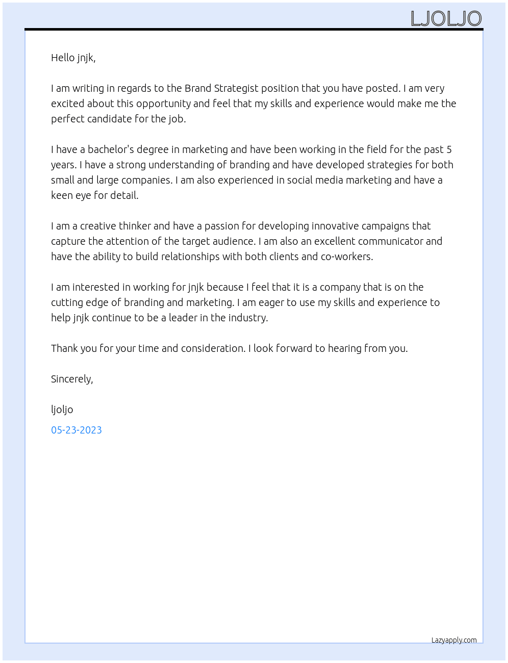 Brand Strategist At jnjk Cover Letter