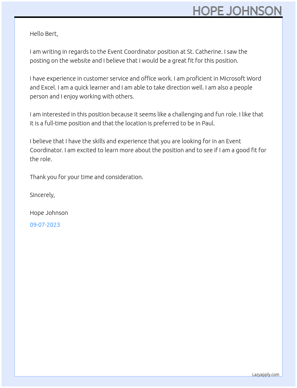 Event Coordinator  At St. Catherine  Cover Letter