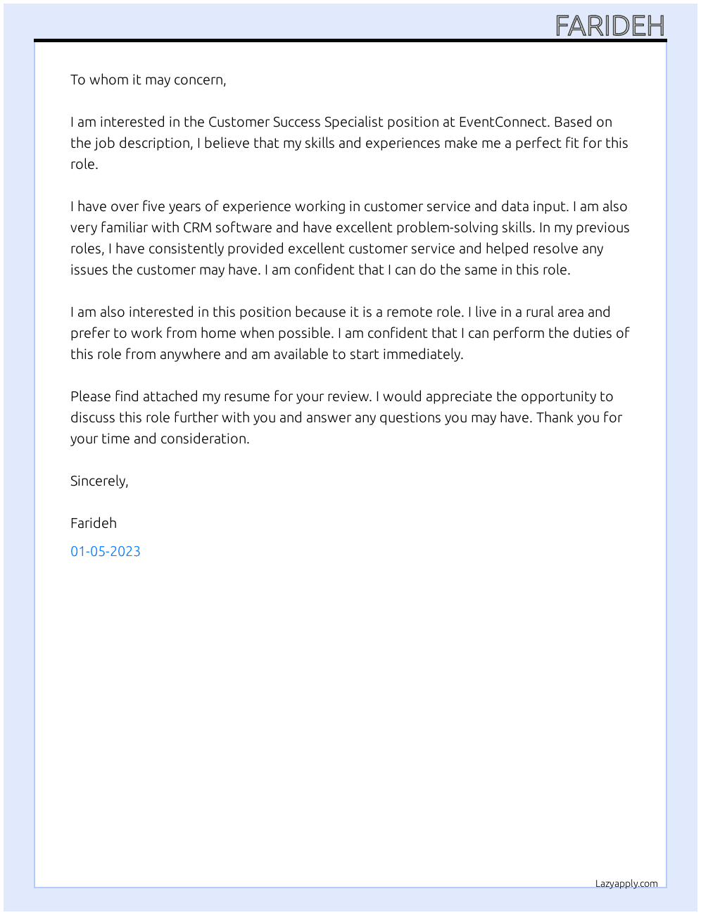 Customer Success Specialist At EventConnect  Cover Letter