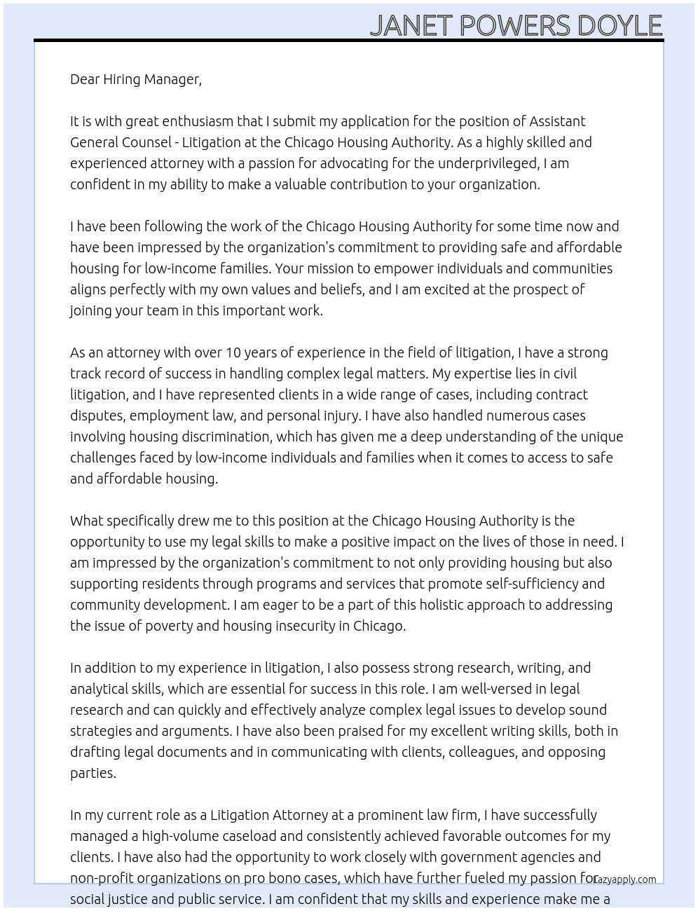 Assistant General Counsel - Litigation At Chicago Housing Authority Cover Letter
