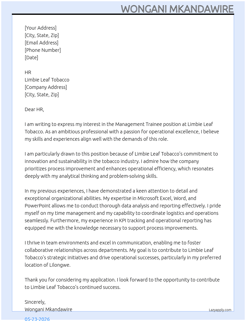 Management trainee At Lilmbe leaf Tobacco Cover Letter