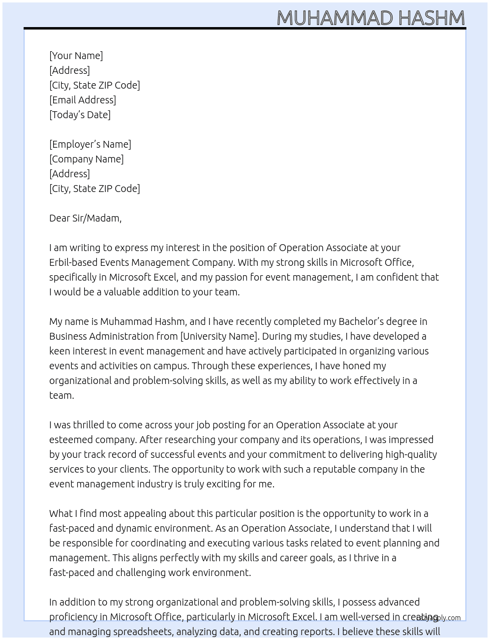 Operation associate At Erbil-based events Management Company Cover Letter