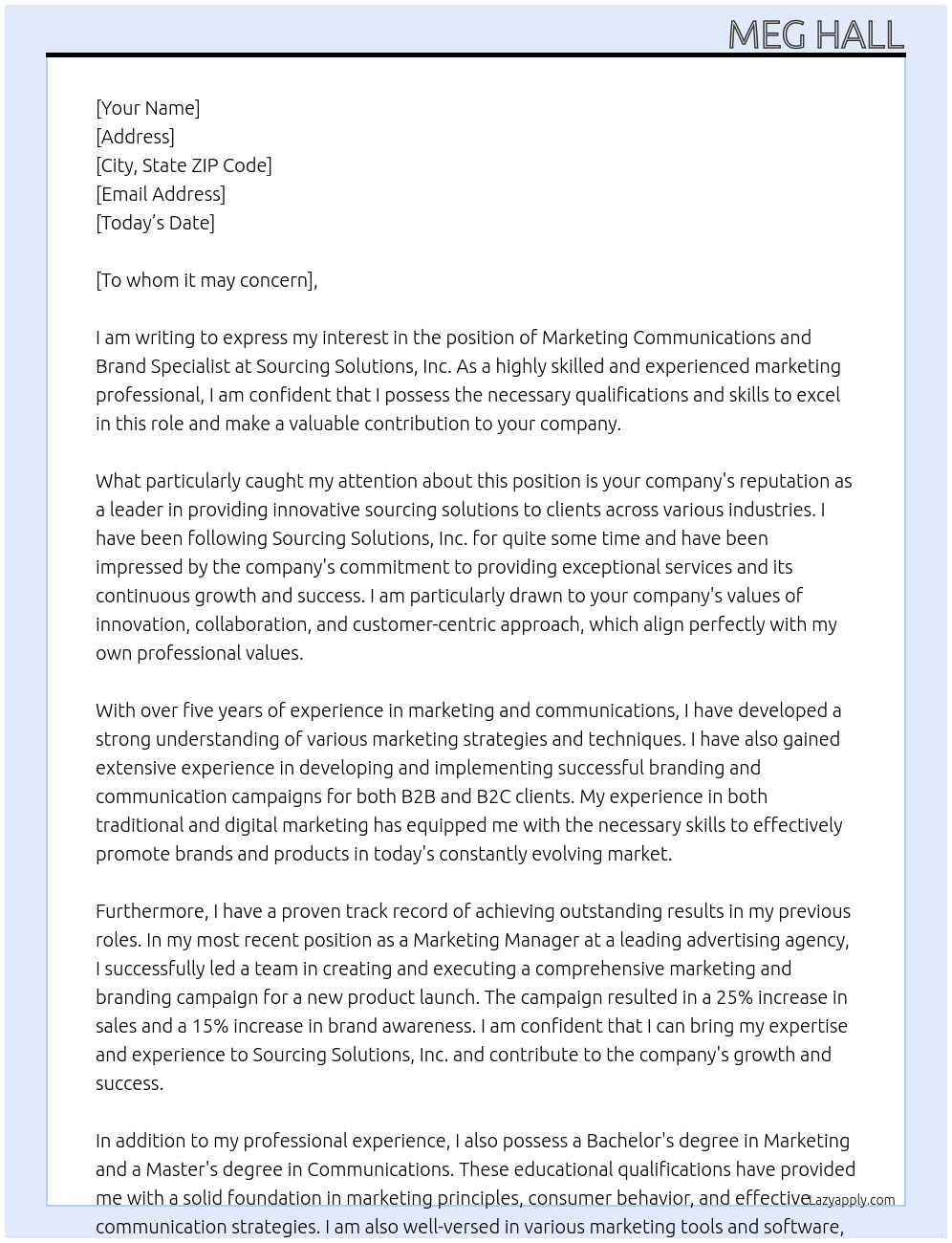 Marketing Communications and Brand Specialist At Sourcing Solutions, Inc. Cover Letter