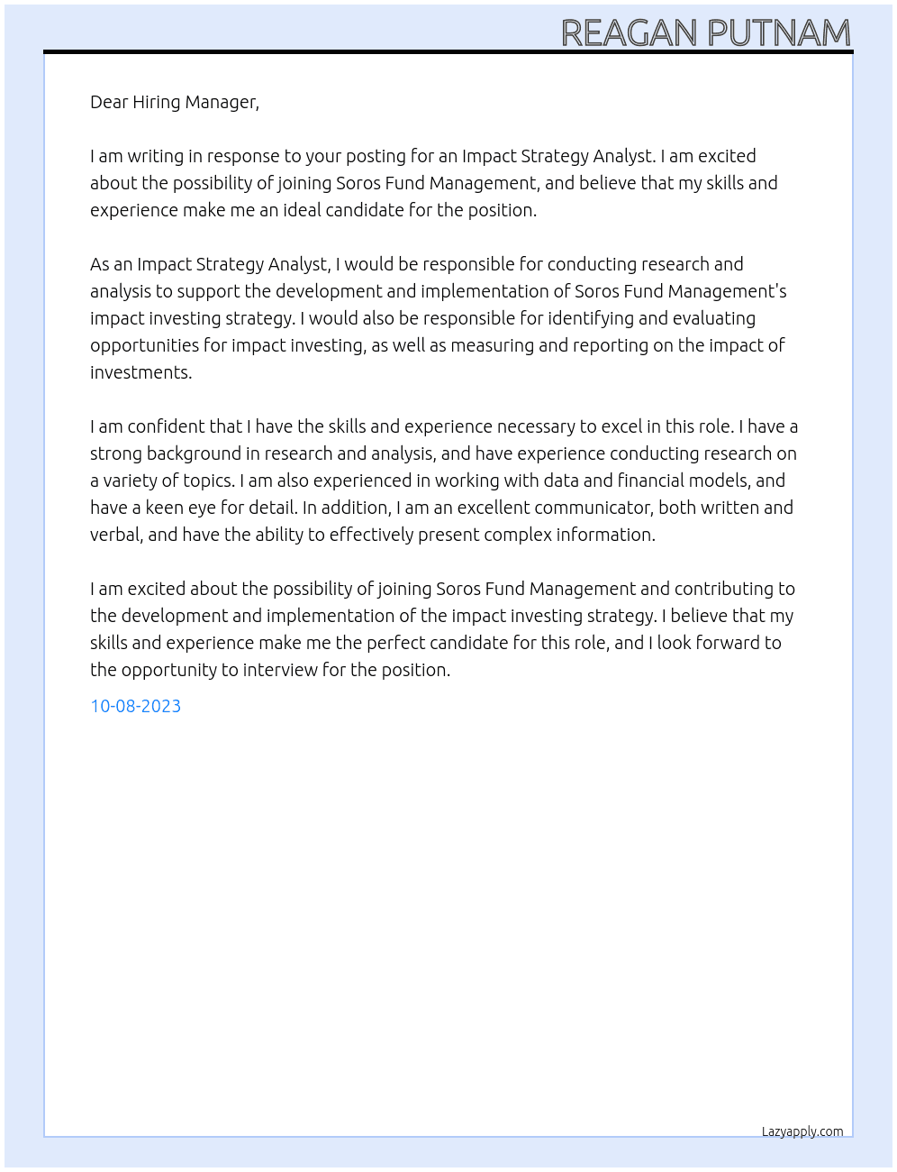 Impact Strategy Analyst At Soros Fund Management Cover Letter