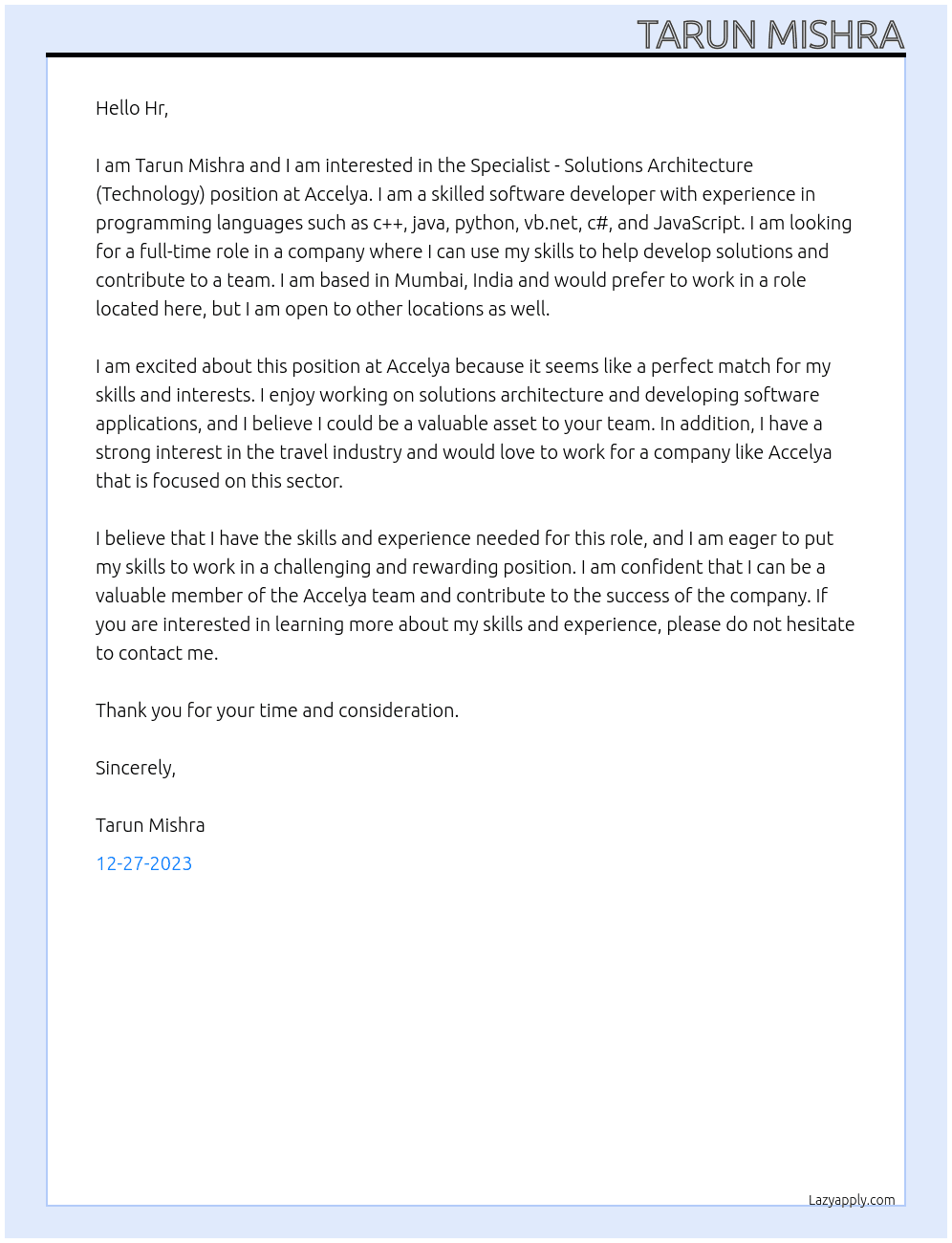 Specialist - Solutions Architecture (Technology) At Accelya Cover Letter