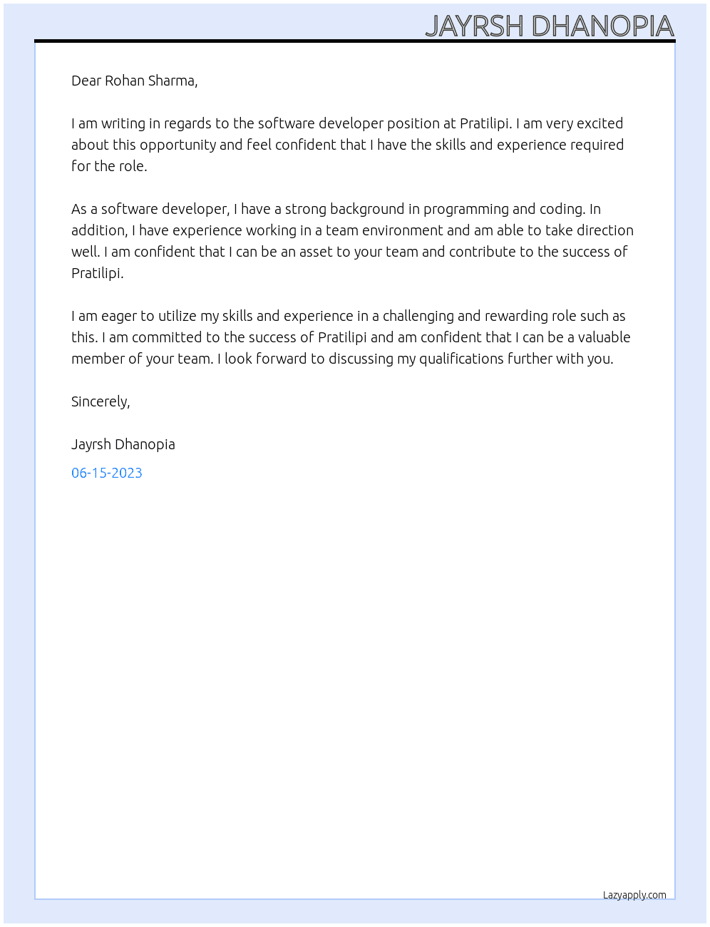 software developer At Pratilipi Cover Letter