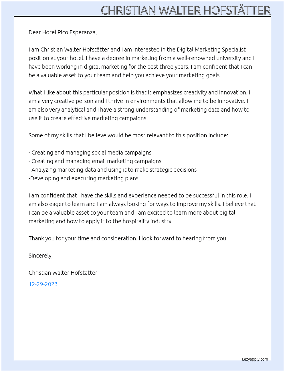 Digital Marketing Specialist At Hotel Pico Esperanza Cover Letter
