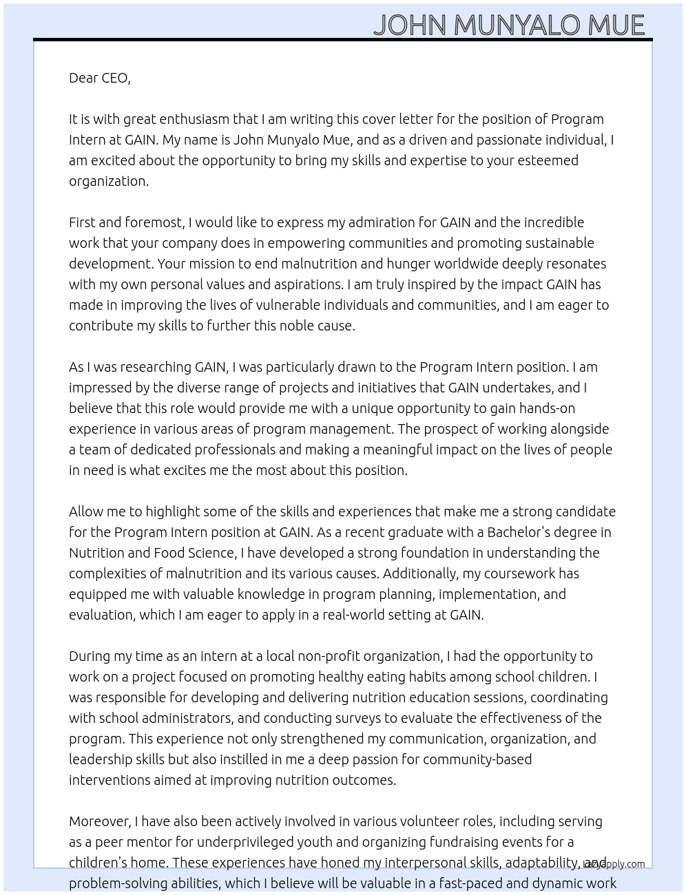 Program intern At GAIN Cover Letter
