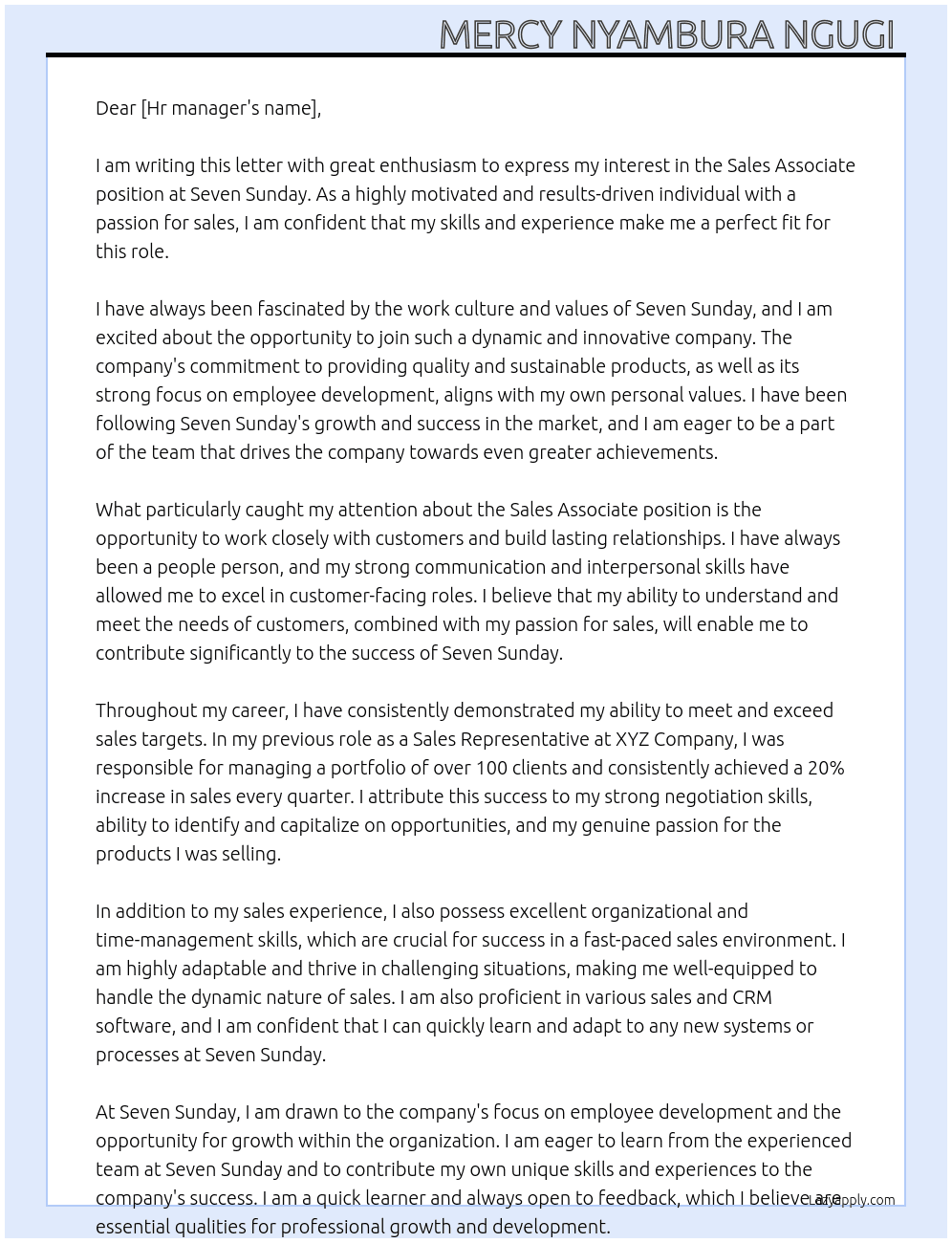 Sales associate At Seven Sunday  Cover Letter