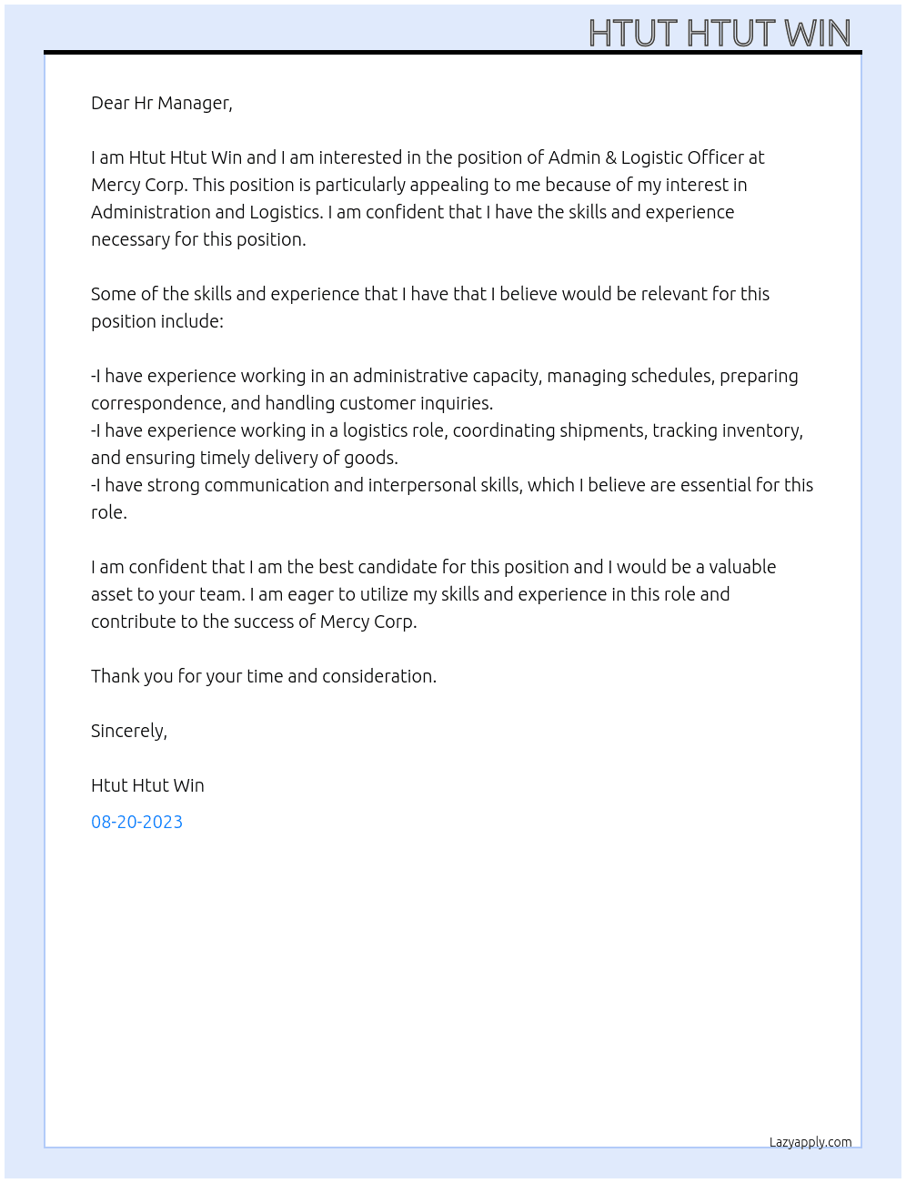 Admin & Logistic Officer At Mercy Corp Cover Letter