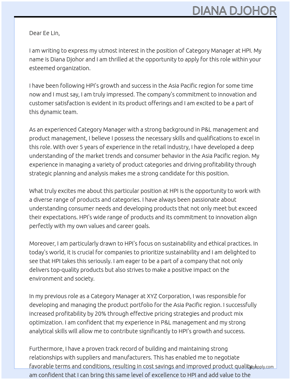 Category Manager At HPI Cover Letter