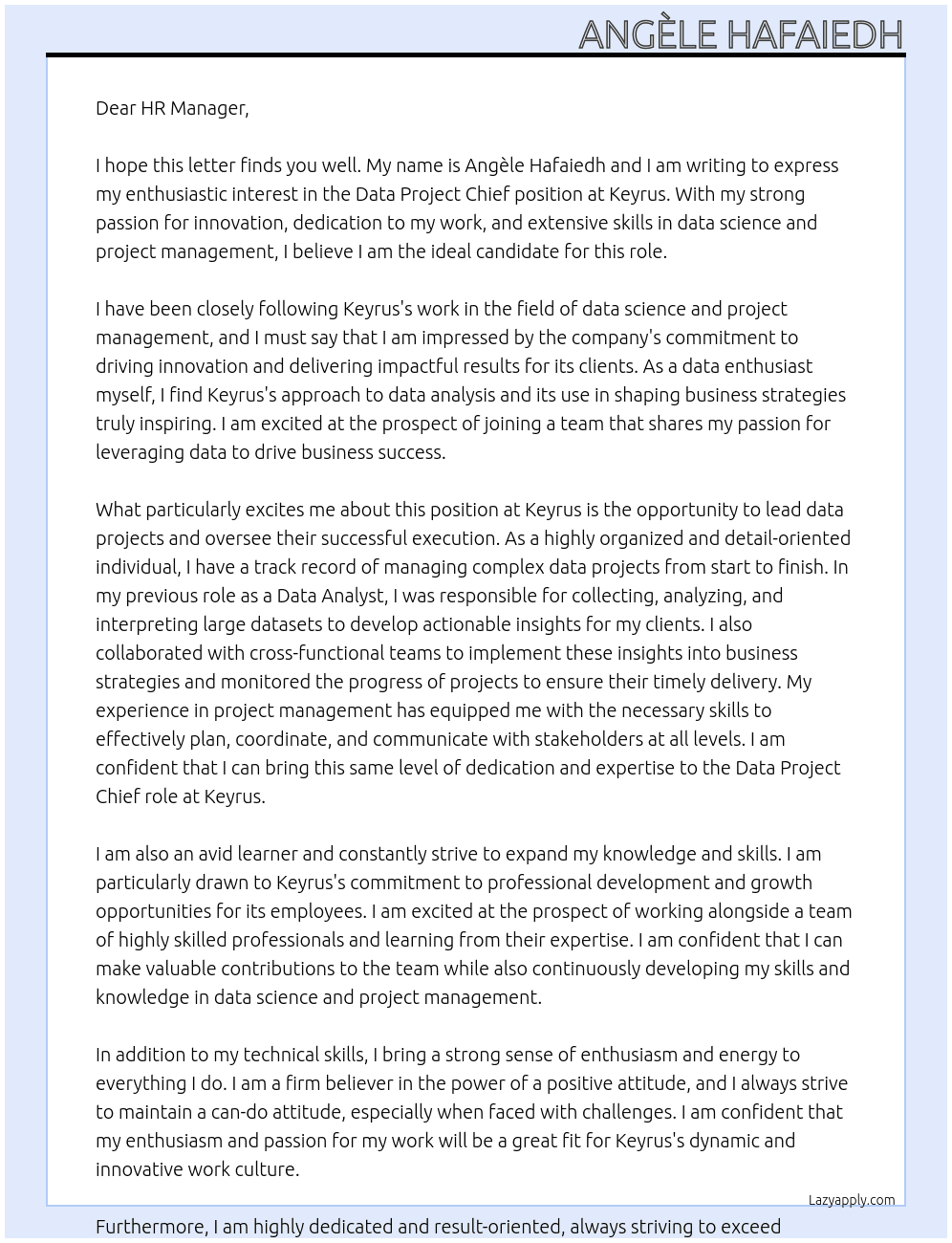 Data Project Chief At Keyrus Cover Letter