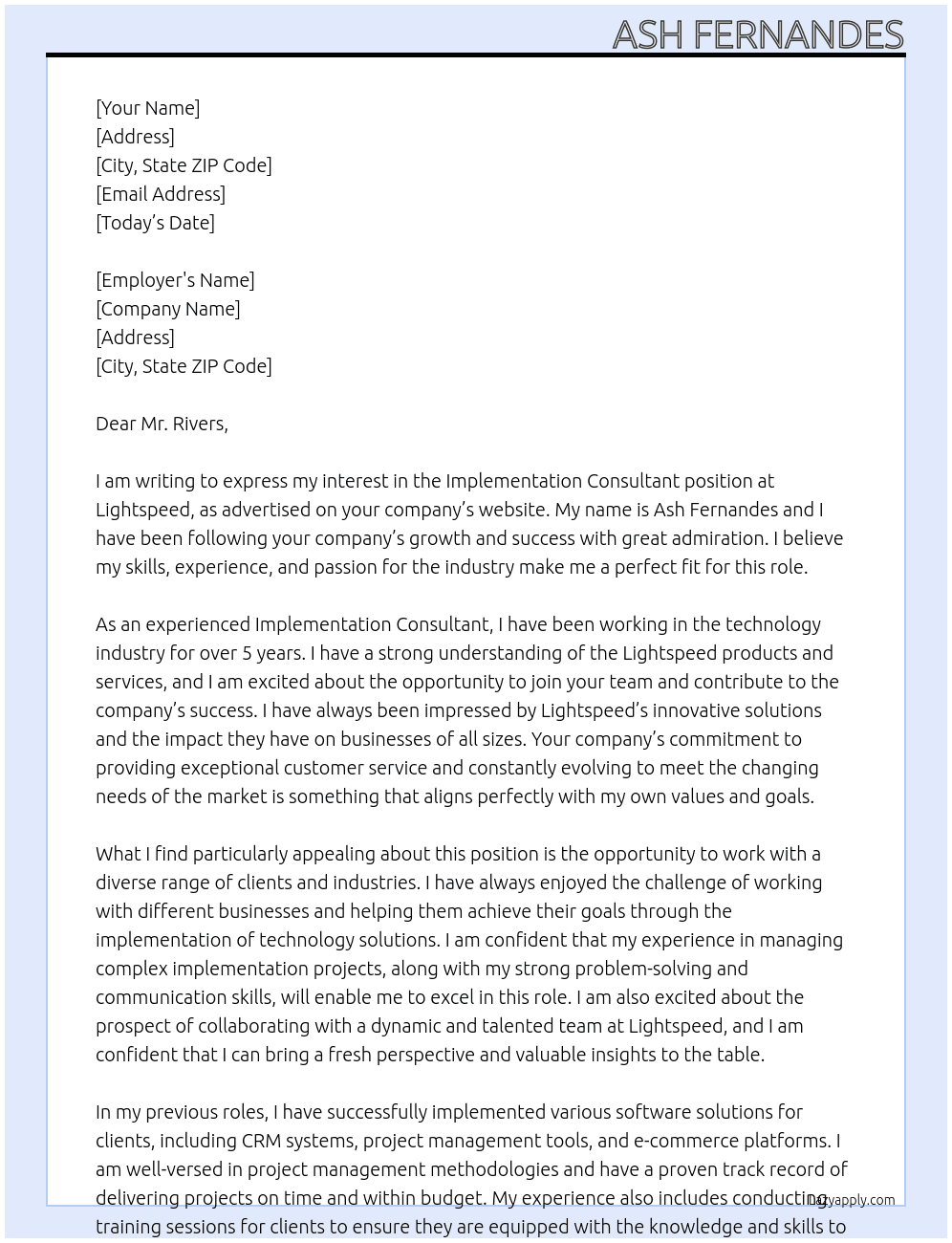 Implementation Consultant At Lightspeed Cover Letter