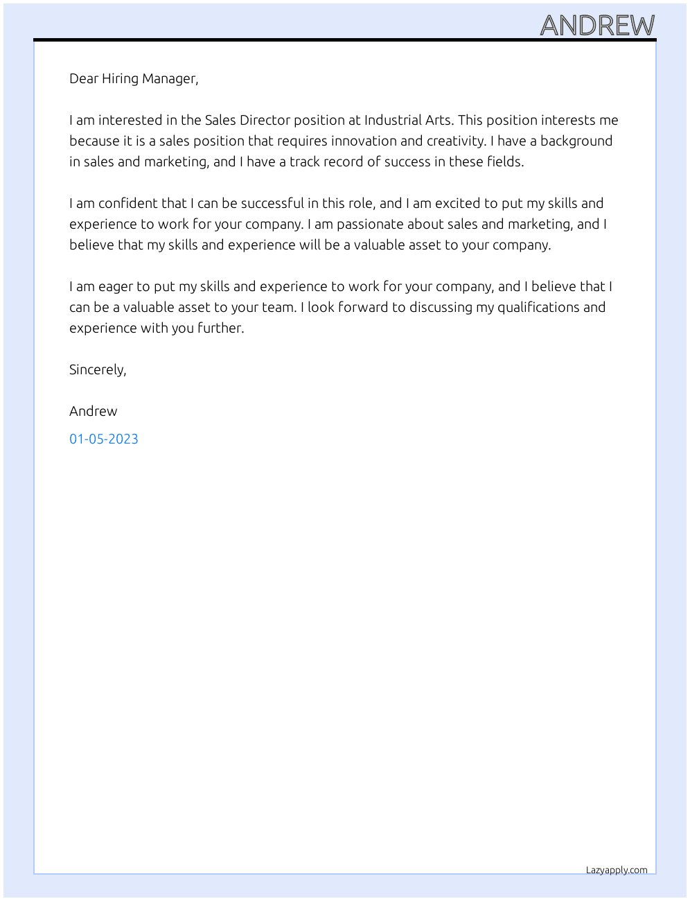 Sales Director At Industrial Arts Cover Letter
