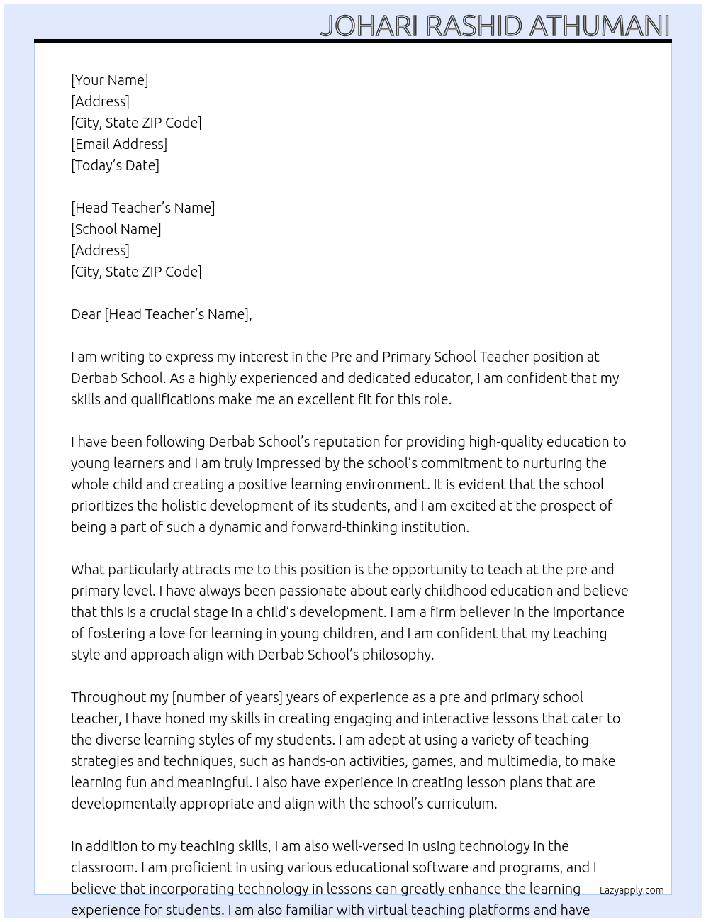 Pre and primary school teacher At Derbab school Cover Letter