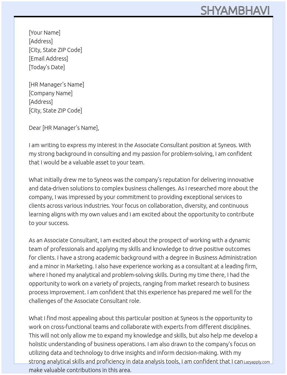 Associate consultant  At Syneos Cover Letter