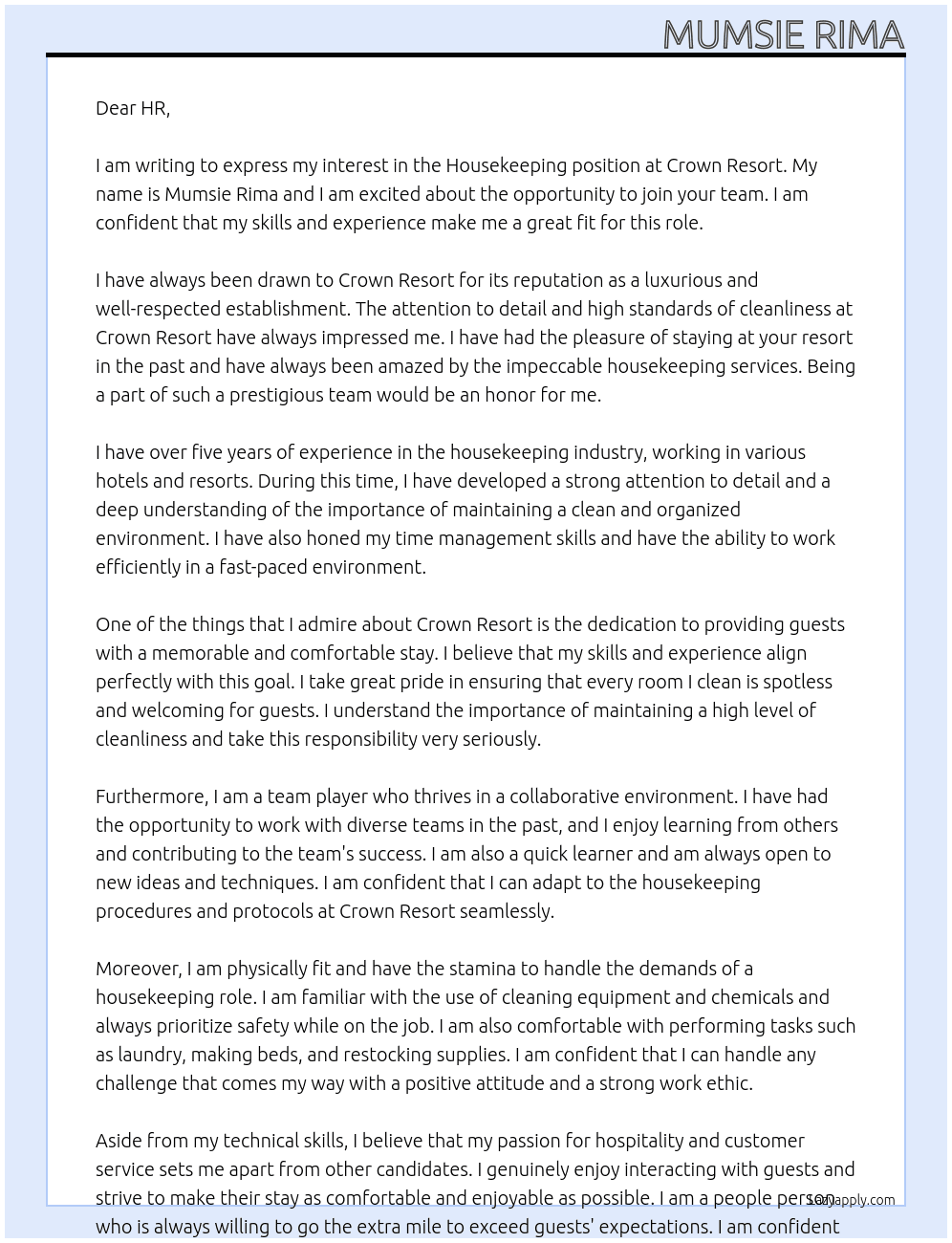 Housekeeping  At Crown Resort  Cover Letter