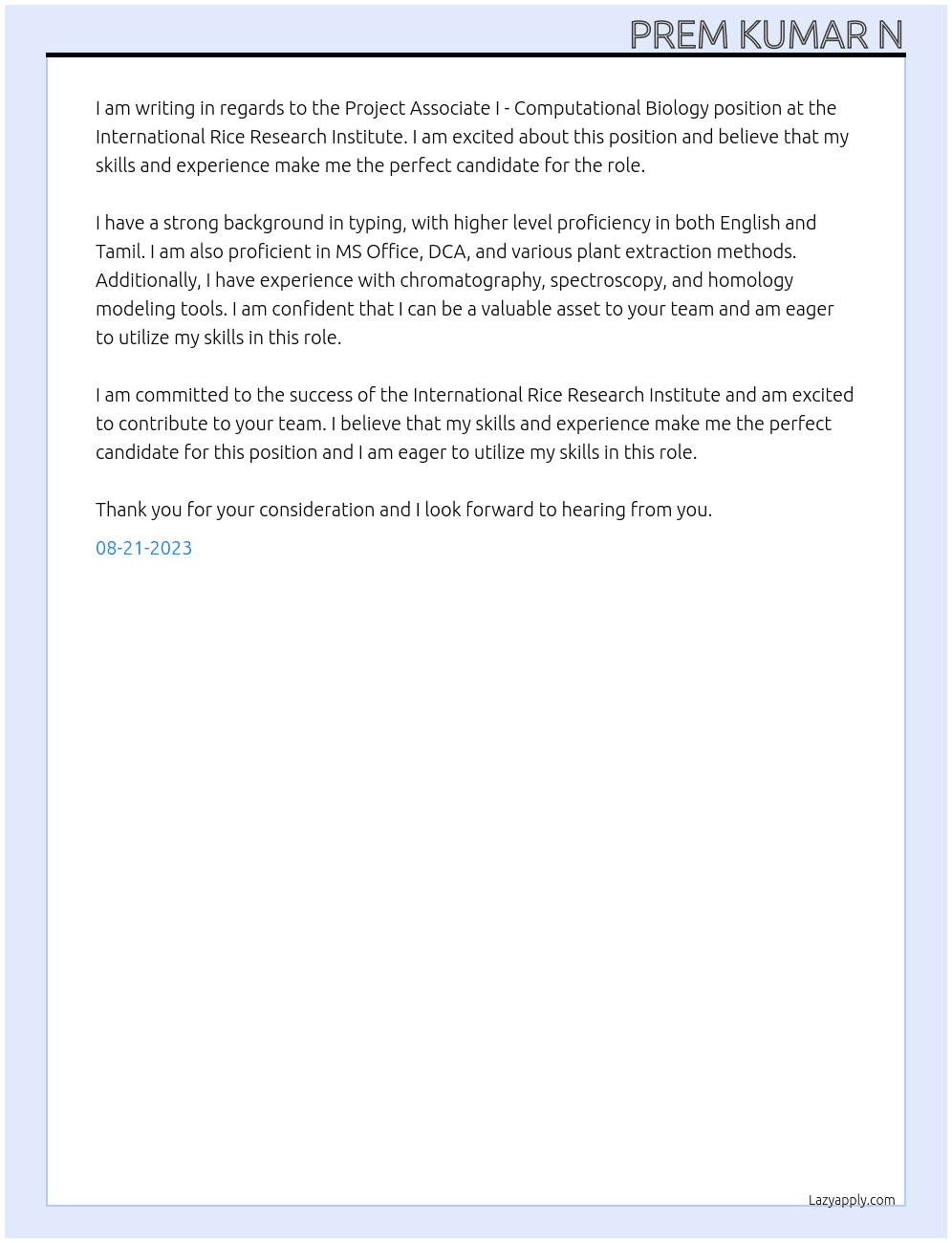 Project Associate I - Computational Biology At International rice Research institute  Cover Letter