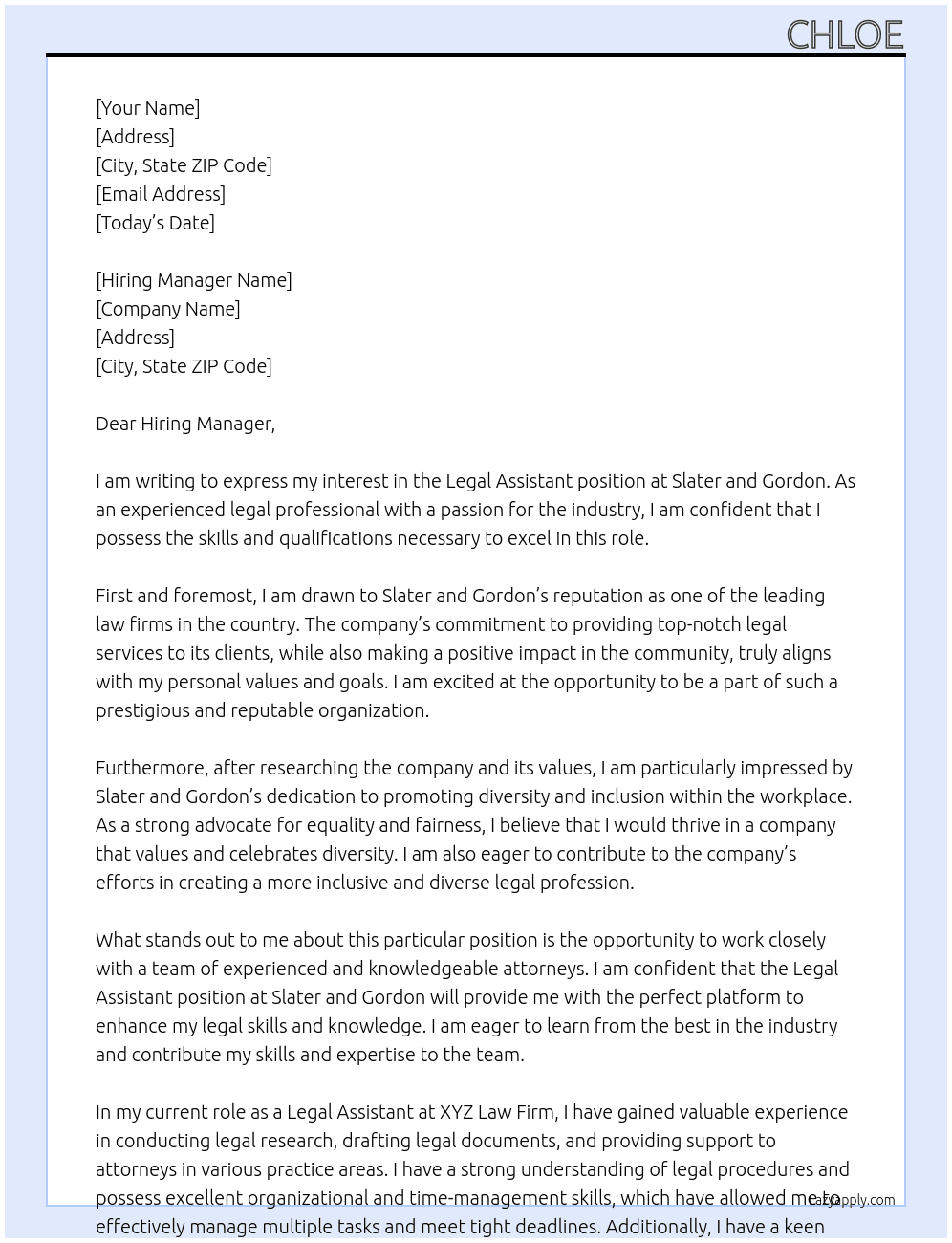 Legal Assistant At Slater and Gordon Cover Letter
